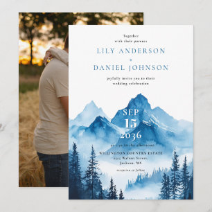 Invitation Blue Boho Watercolor Mountain Mariage Photo