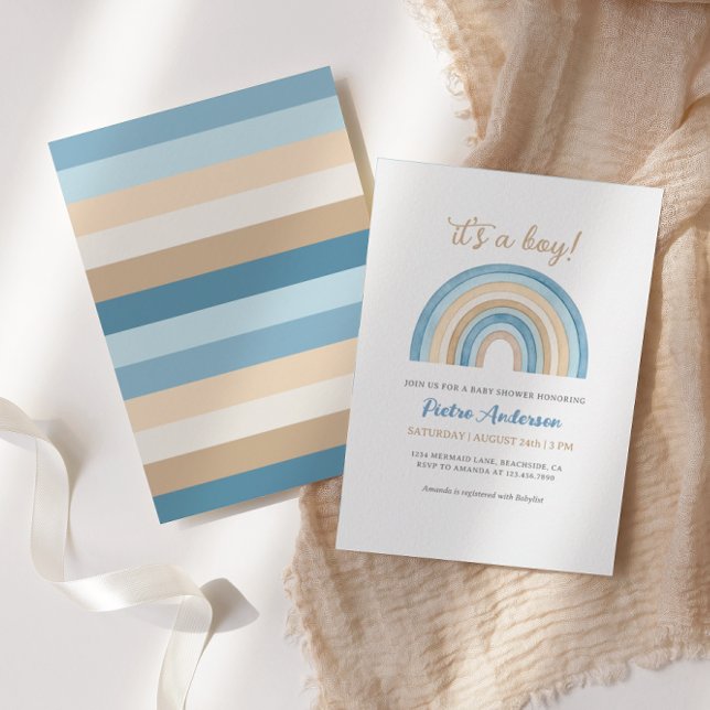 Invitation Blue Boho Watercolor Rainbow Boy Baby shower (Créateur téléchargé)