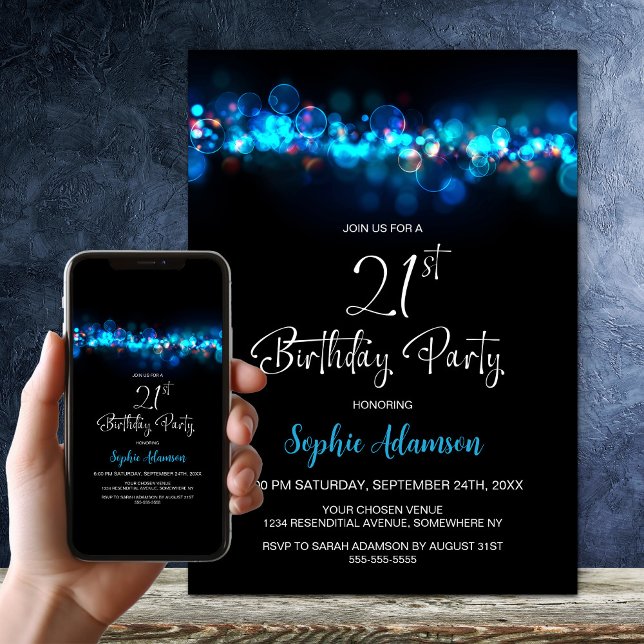 Invitation Blue Bokeh Black 21st Birthday Party (Créateur téléchargé)