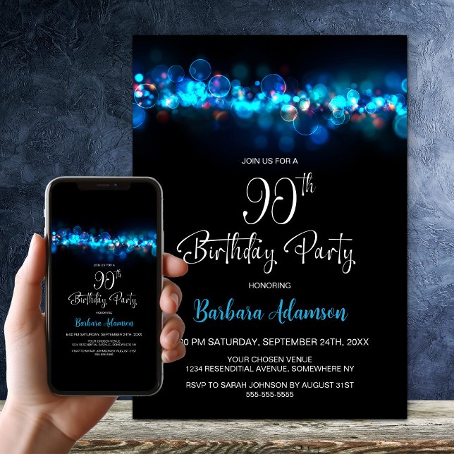 Invitation Blue Bokeh Black 90th Birthday Party (Créateur téléchargé)