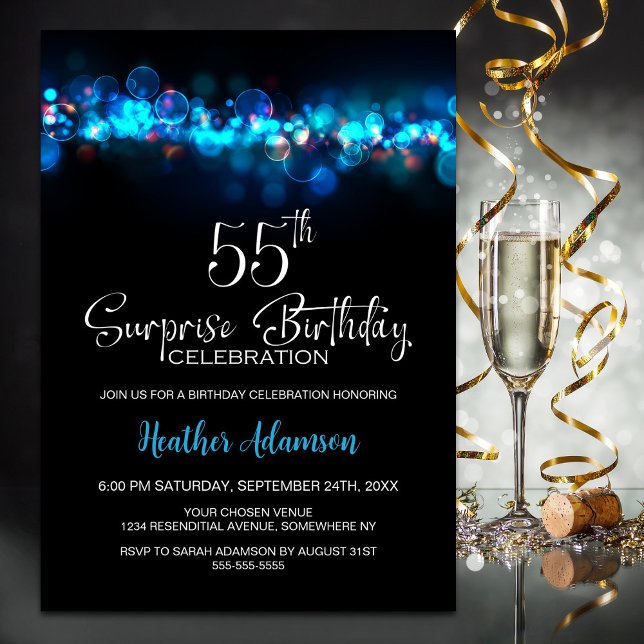 Invitation Blue Bokeh Black Surprise 55th Birthday Party (Créateur téléchargé)