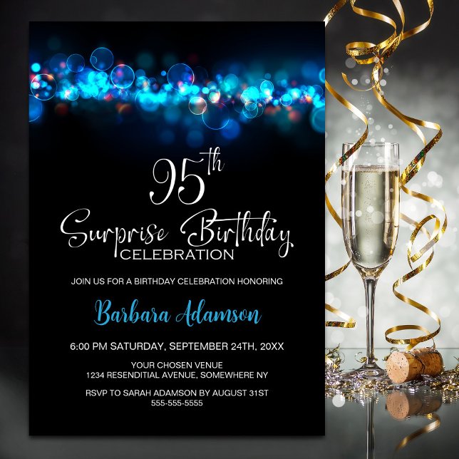 Invitation Blue Bokeh Black Surprise 95th Birthday Party (Créateur téléchargé)