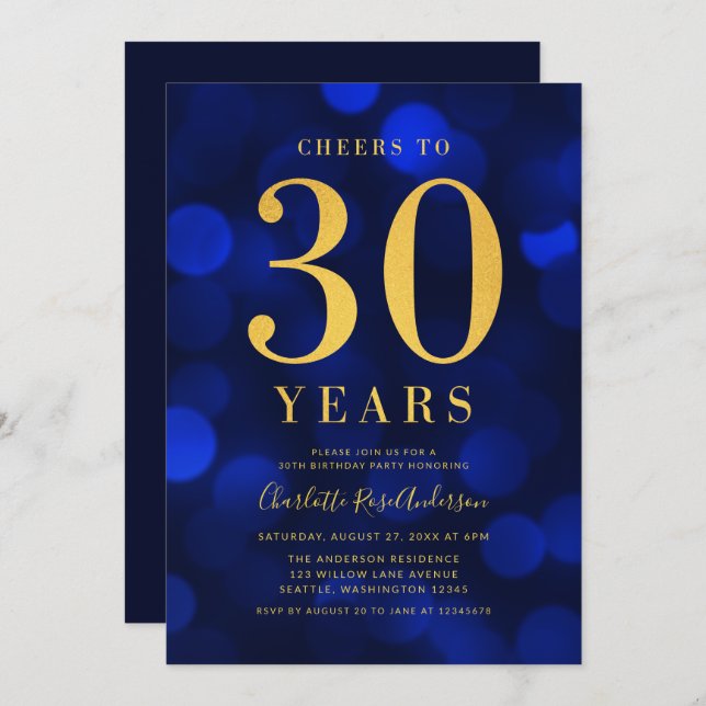 Invitation Blue Bokeh Gold encourage à 30 ans fête d'annivers (Devant / Derrière)