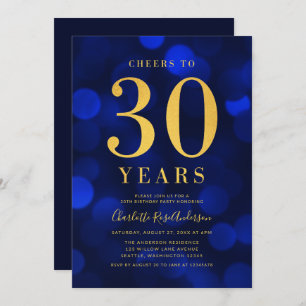 Invitation Blue Bokeh Gold encourage à 30 ans fête d'annivers
