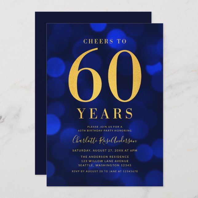 Invitation Blue Bokeh Gold encourage à 60 ans fête d'annivers (Devant / Derrière)