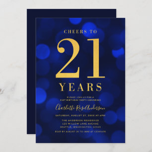 Invitation Blue Bokeh Gold fête ses 21 ans d'anniversaire