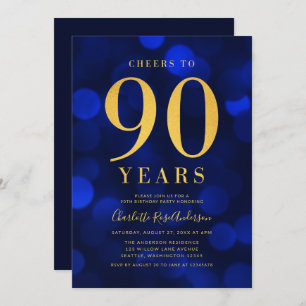 Invitation Blue Bokeh Gold fête ses 90 ans d'anniversaire