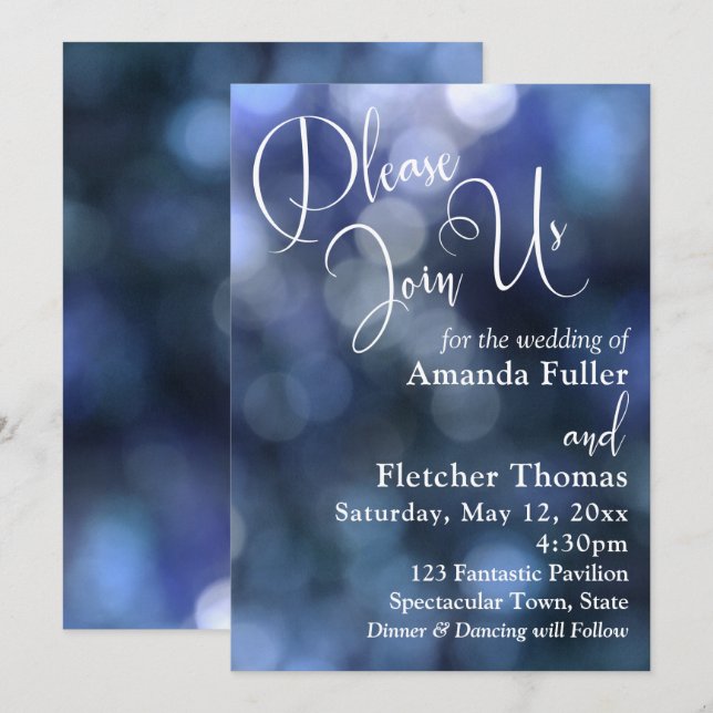Invitation Blue Bokeh Light & Typographie 32 Mariage 2 (Devant / Derrière)