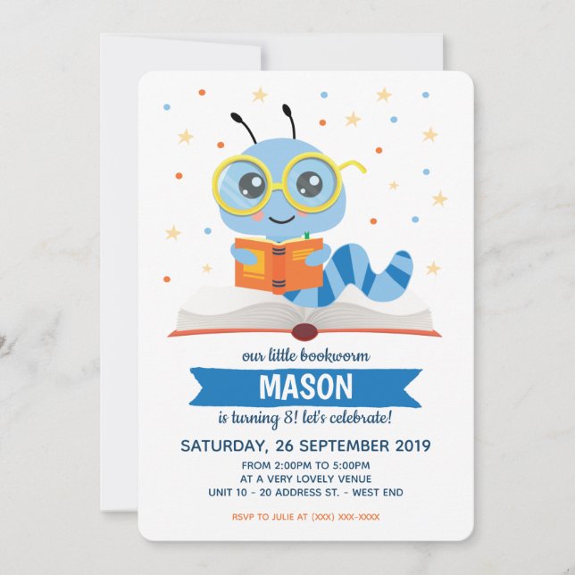 Invitation Blue Bookworm Livre fête d'anniversaire (Devant)