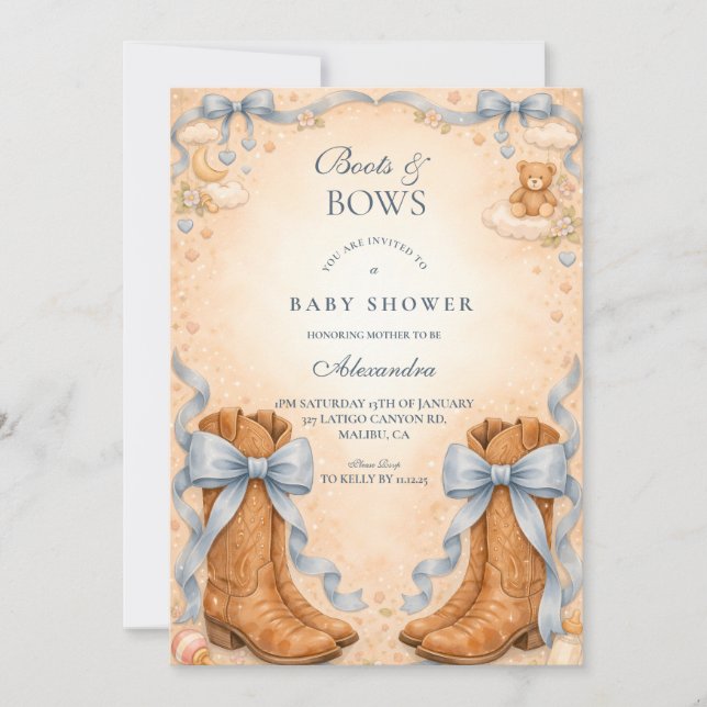 Invitation Blue Boots And Bows Boy Baby Shower (Devant)