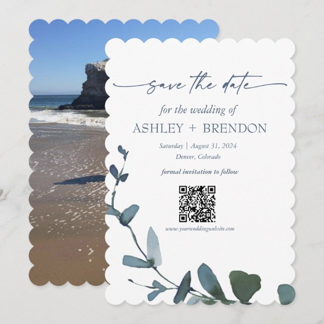 Invitation Blue Botanical Leaf Save the Date w/QR + Image (Devant / Derrière)