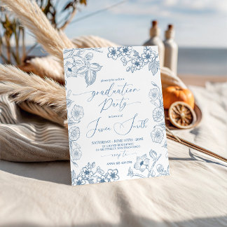Invitation Blue Botanical Line Art Graduation Invite