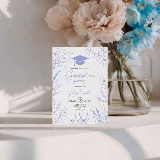 Invitation Blue Botanical Sketch Graduation Invite (Créateur téléchargé)