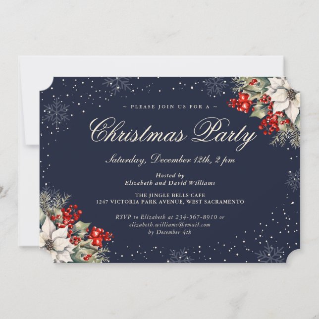 Invitation Blue Botanical Snowflake Christmas Holiday Party (Devant)
