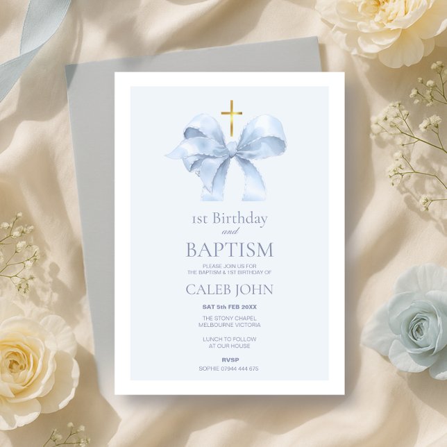 Invitation Blue Bow 1er anniversaire et baptême pour garçon (Créateur téléchargé)