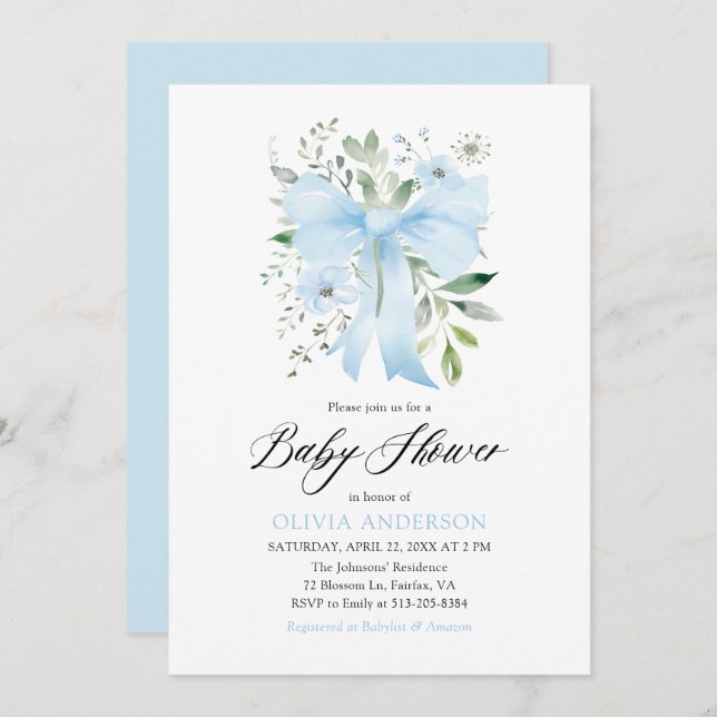 Invitation Blue Bow Baby in Bloom Floral Boy Baby shower (Devant / Derrière)