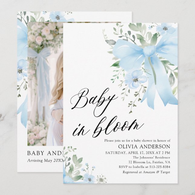 Invitation Blue Bow Baby in Bloom Floral Boy Baby shower (Devant / Derrière)