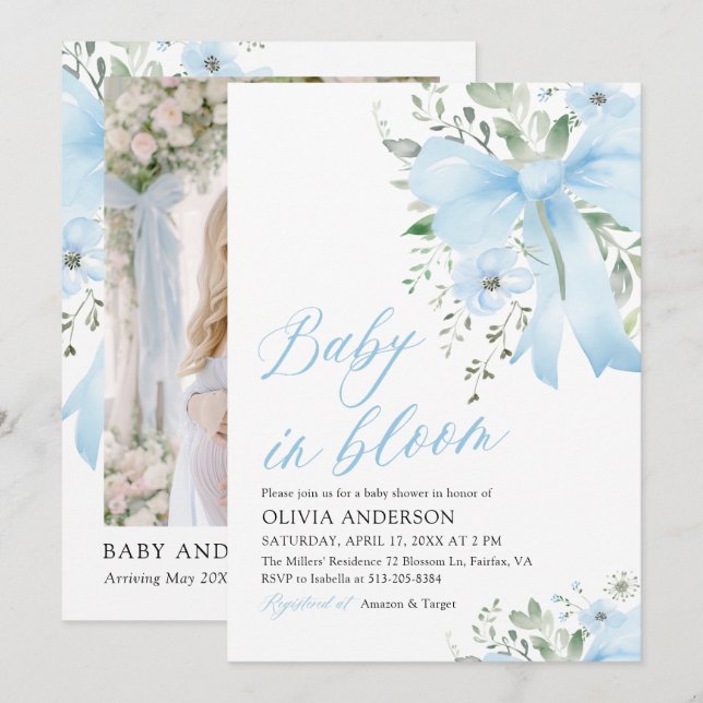 Invitation Blue Bow Baby in Bloom Floral Boy Baby shower (Devant / Derrière)