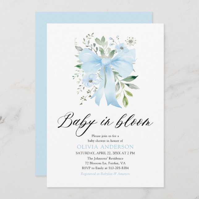 Invitation Blue Bow Baby in Bloom Floral Boy Baby shower (Devant / Derrière)