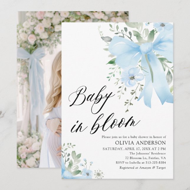 Invitation Blue Bow Baby in Bloom Floral Boy Baby shower (Devant / Derrière)