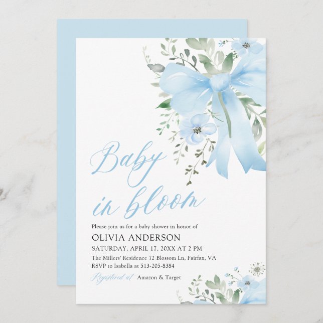 Invitation Blue Bow Baby in Bloom Floral Boy Baby shower (Devant / Derrière)