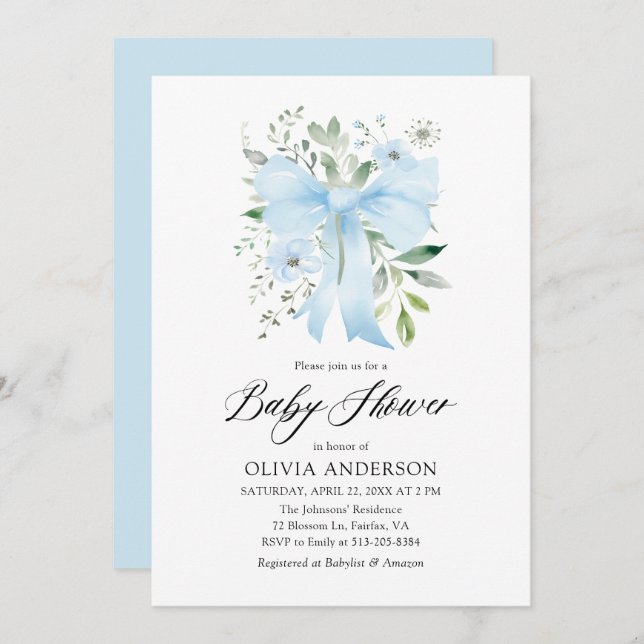 Invitation Blue Bow Baby in Bloom Floral Boy Baby shower (Devant / Derrière)
