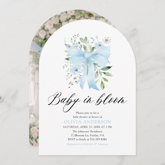 Invitation Blue Bow Baby in Bloom Floral Boy Baby shower (Devant / Derrière)