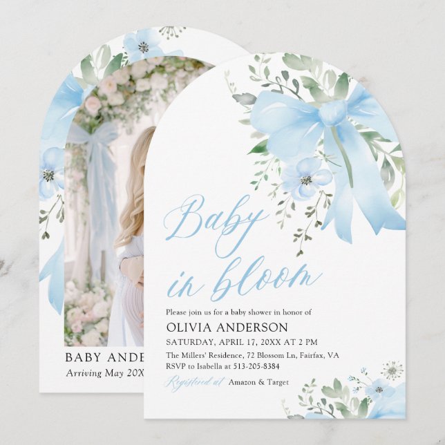 Invitation Blue Bow Baby in Floral Boy Arch Baby shower (Devant / Derrière)