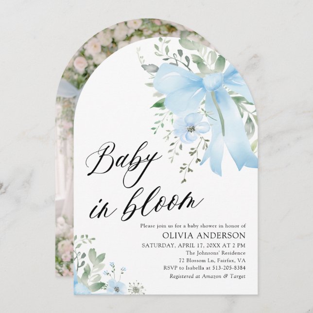 Invitation Blue Bow Baby in Floral Boy Arch Baby shower (Devant / Derrière)