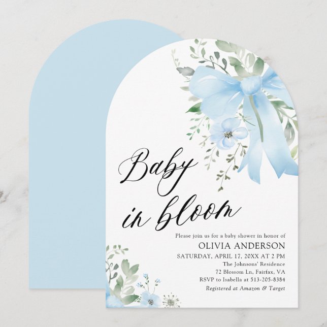 Invitation Blue Bow Baby in Floral Boy Arch Baby shower (Devant / Derrière)