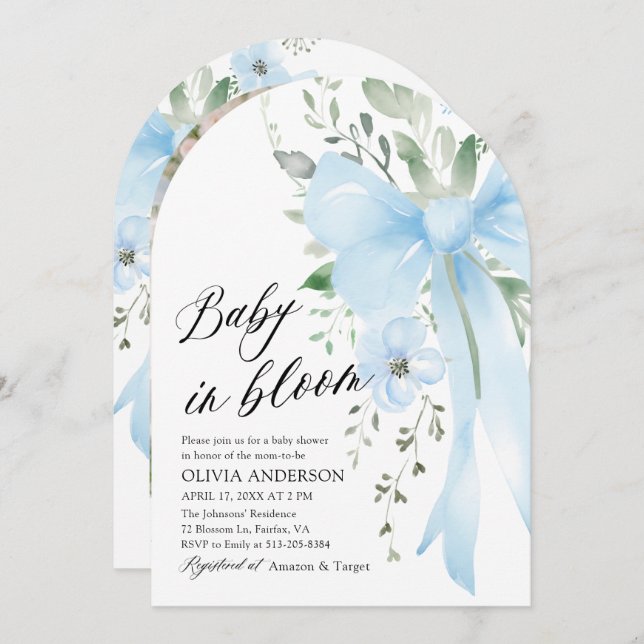 Invitation Blue Bow Baby in Floral Boy Arch Baby shower (Devant / Derrière)