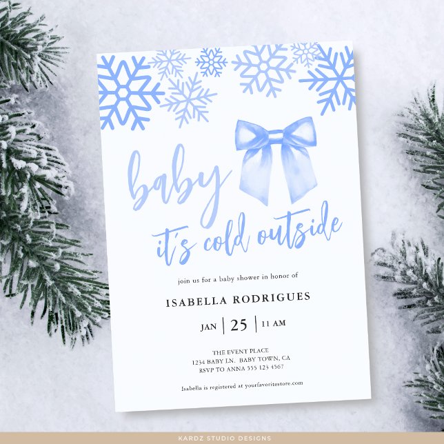 Invitation Blue Bow Baby Its Cold Outside Baby Shower (Front of invite shown in 5 x 7 inches with square corners. Personalize, choose corner + paper style.)