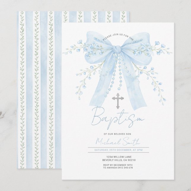Invitation Blue Bow Baptism Boy Christening with Cross (Devant / Derrière)