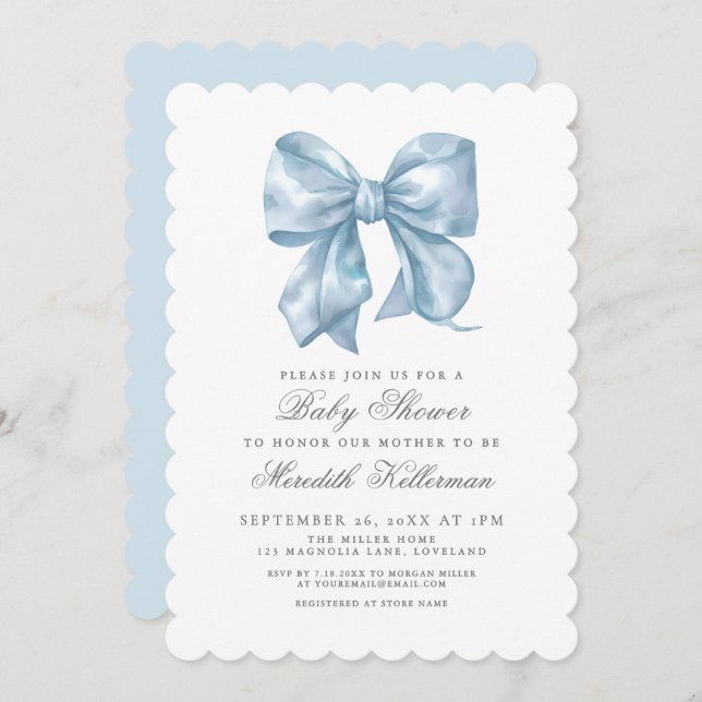 Invitation Blue Bow Boy Baby Shower (Devant / Derrière)