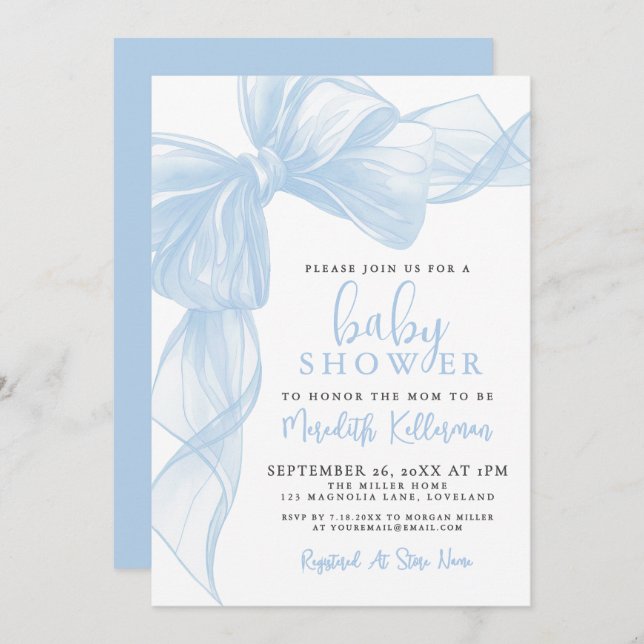 Invitation Blue Bow Boy Baby Shower (Devant / Derrière)