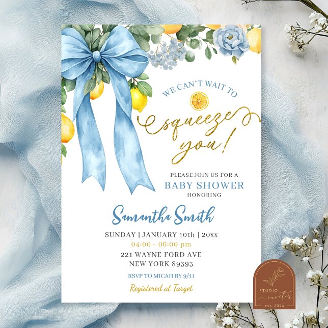Invitation Blue Bow Can't Wait to Squeeze You Baby Shower (Créateur téléchargé)
