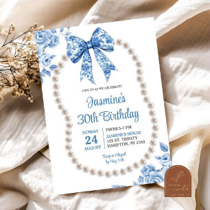 Invitation Blue Bow Chinoiserie Pearl Femmes Anniversaire
