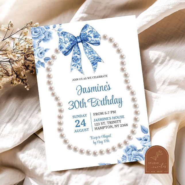 Invitation Blue Bow Chinoiserie Pearl Femmes Anniversaire (Créateur téléchargé)