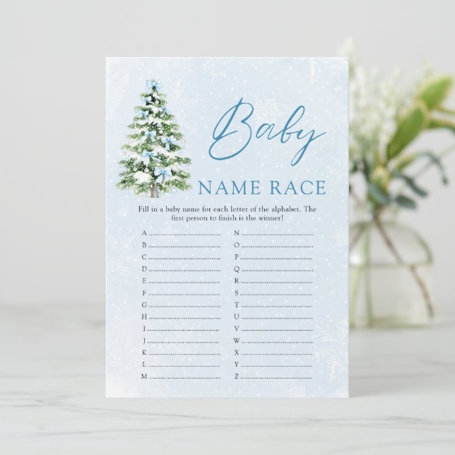 Invitation Blue Bow Christmas Baby Name Race Baby Shower Game (Debout devant)