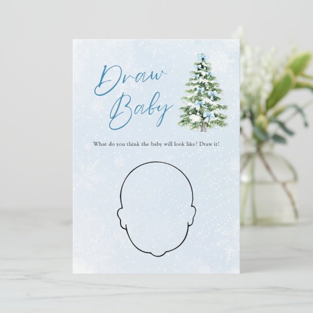 Invitation Blue Bow Christmas Tree Baby Shower Draw Baby Game (Debout devant)