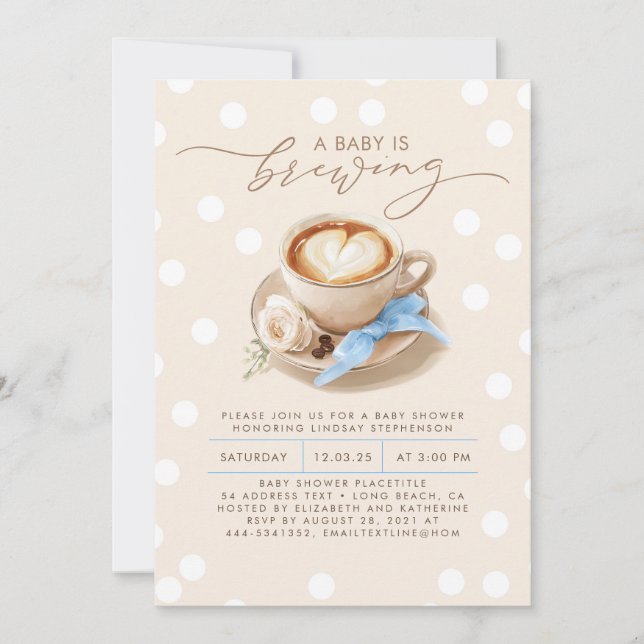 Invitation Blue Bow Coffee Baby Is Brewing Boy Baby Shower (Devant)