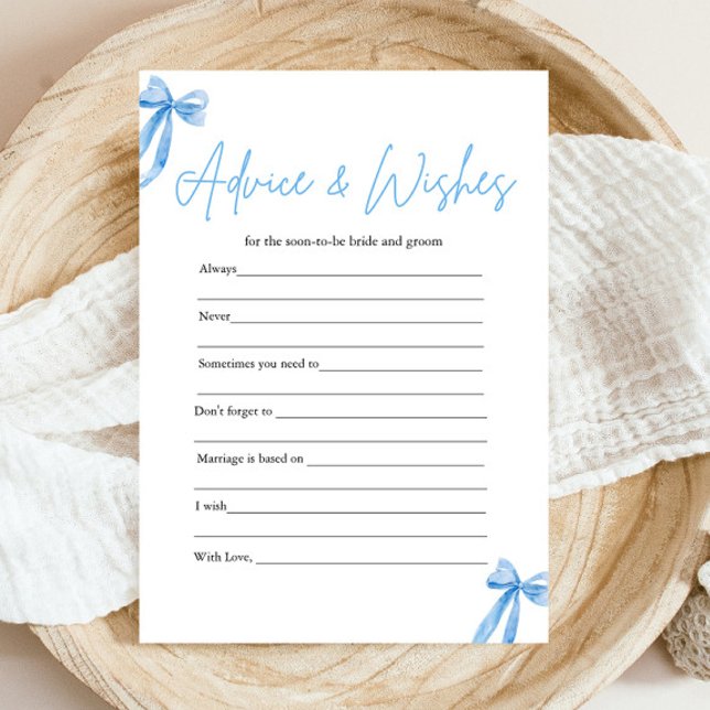 Invitation Blue Bow Conseils et souhaits Fête des mariées Jeu (Modern Watercolor Blue Bow Advice and Wishes Bridal Shower Game)