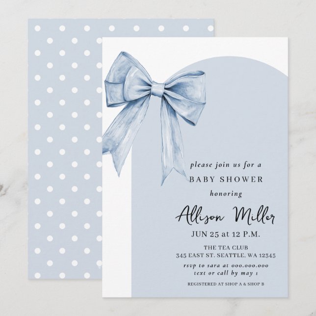 Invitation Blue Bow Coquette Boy Baby Shower  (Devant / Derrière)