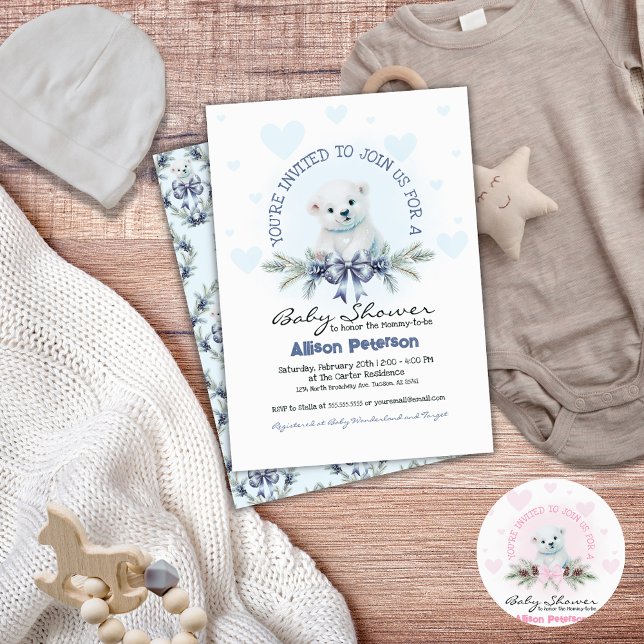 Invitation Blue Bow Cute Bear Cub Winter Boy Baby shower (Cute Baby Boy Baby Shower Invitation for Winter)