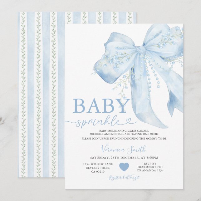 Invitation Blue Bow Cute Pearls Coquette Baby Shower (Devant / Derrière)