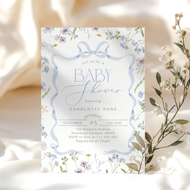 Invitation Blue Bow Fleur sauvage Cadre en ruban Bébé Garçon  (Créateur téléchargé)