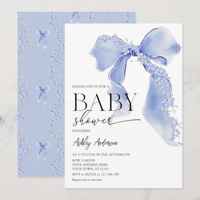 Invitation Blue Bow Floral Baby Boy Douche (Devant / Derrière)