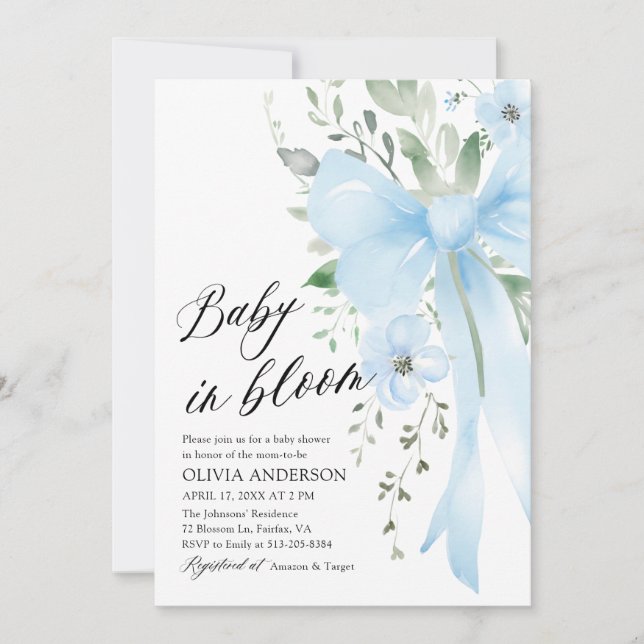 Invitation Blue Bow Floral Baby in Bloom Boy Baby shower (Devant)