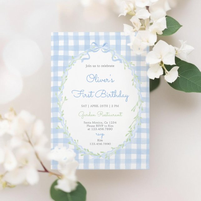 Invitation Blue Bow Floral Birthday Boy Blue Gingham (Créateur téléchargé)