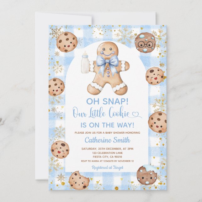 Invitation Blue Bow Gingerbread Christmas Baby Shower Gingham (Devant)